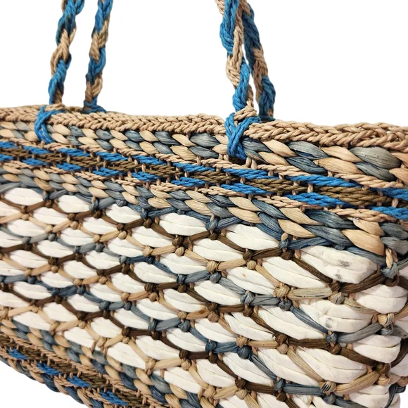 Vintage Woven Corn Husk Straw Tote Bag Purse Small Bohemian Beach Blue Braided - Picture 2 of 10